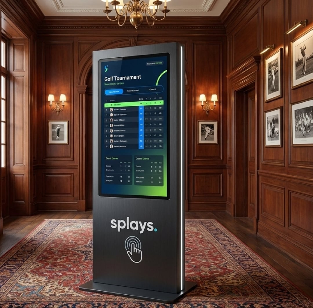 A Splays digital screen in a clubhouse showing a live golf leaderboard